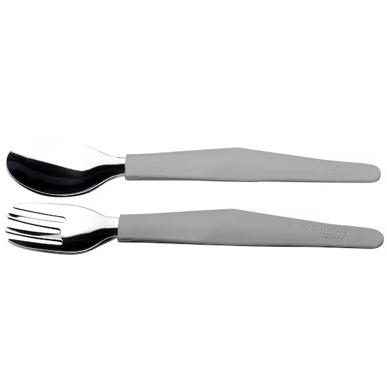(2-tlg. Set) Edelstahl Esslernbesteck Baby Besteck Kinder Lern Gabel / Löffel mit Silikon Griff (1207601058) - Quiet Grey