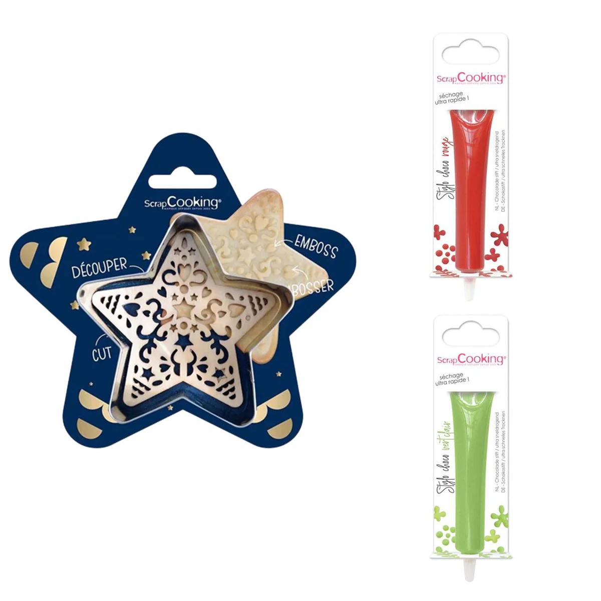 Kit pour biscuit en relief Étoile + 2 Stylos au chocolat rouge et vert
