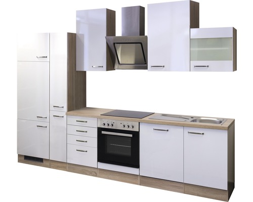 Flex Well keukenblok met Valero apparatuur, 310 cm, wit hoogglans, gedemonteerd, omkeerbare uitvoering 00008997