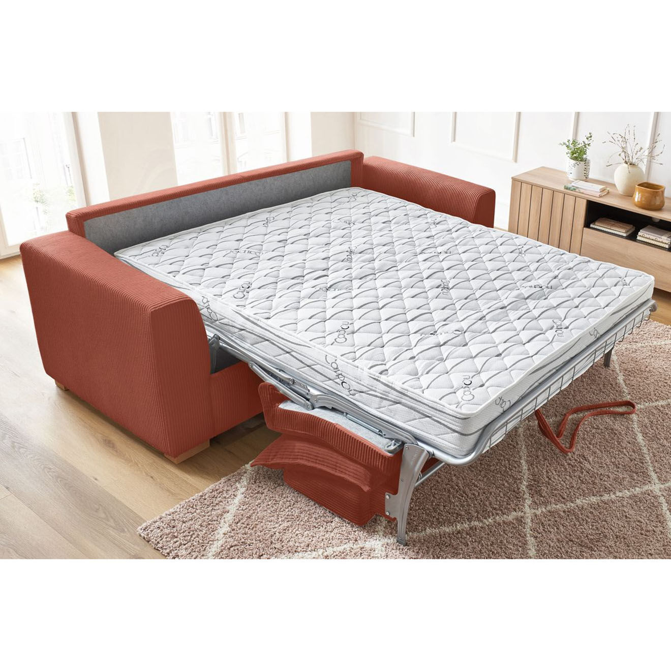 Bobochic Canapé droit convertible express en Velours côtelé 3 places Augustin orange - 205x96x97 cm