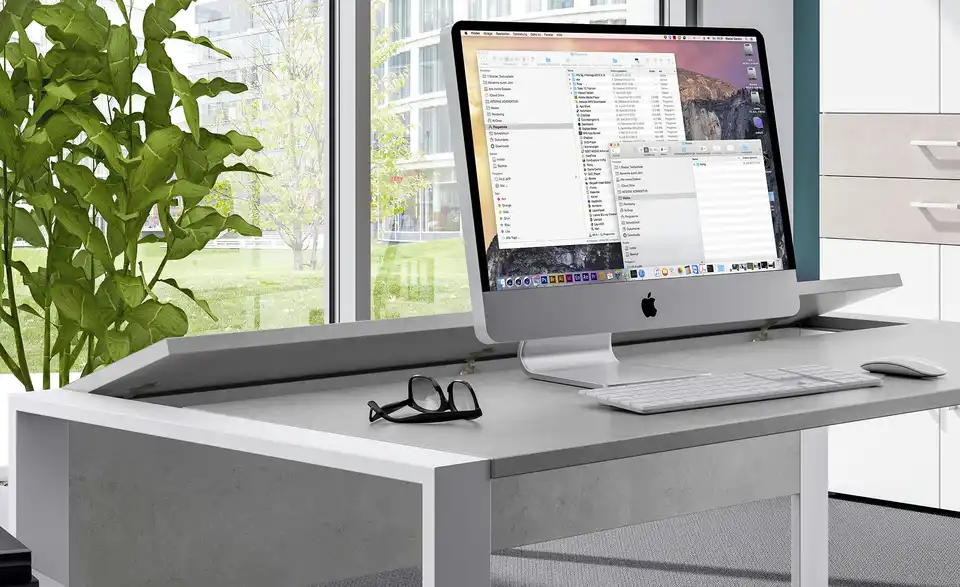 Schreibtisch Kasai 150x80 cm Betonoptik, Grau, Weiß