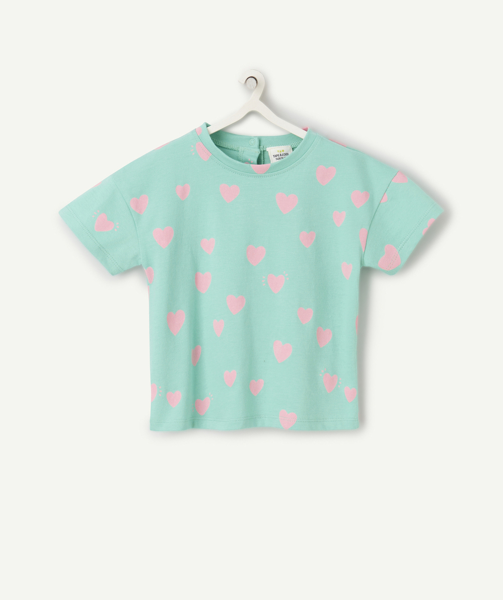 t-shirt bébé fille en coton bio vert imprimé coeurs roses