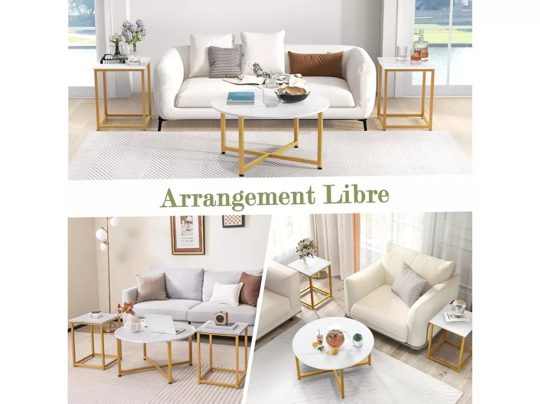 Table Basse Salon 3 Pcs, Table Basse Ronde avec 2 Tables d'Appoint Carrées, Cadre en Métal, Design Moderne Industriel, Table Salon Lot de 3 pour Salon, Chambre (Blanc doré)