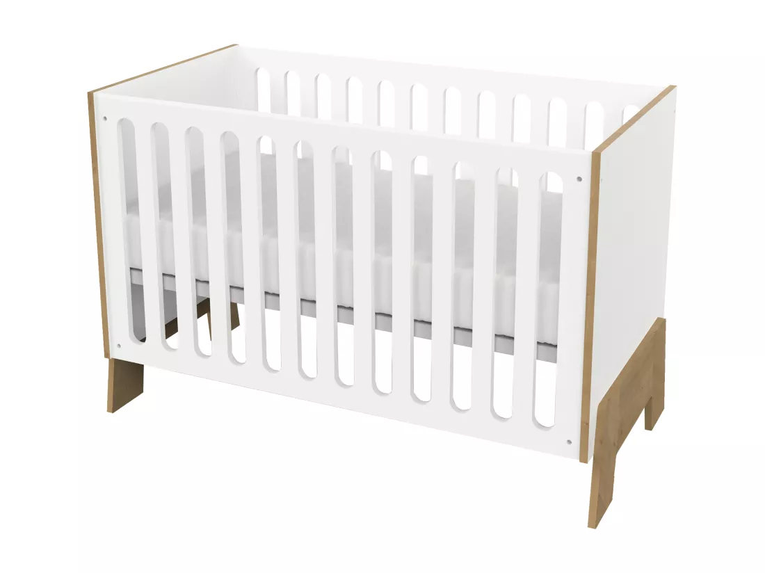 Lit bébé 60 x 120 cm - MDF - Blanc et naturel + Matelas - BERUVO