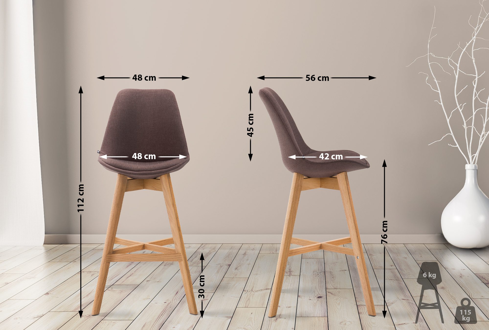 CLP 2er Set Barhocker Cannes Stoff-Bezug I Thekenhocker mit Eichenholz-Gestell