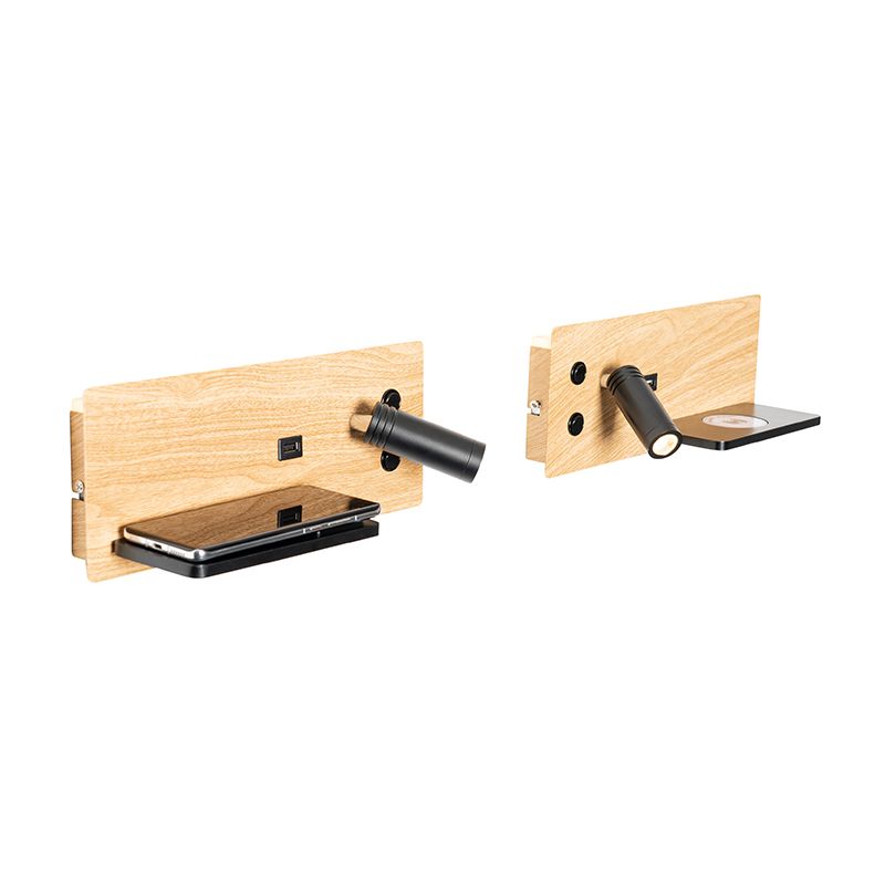 Set van 2 wandlamp zwart met hout incl. LED met USB en inductielader - Riza