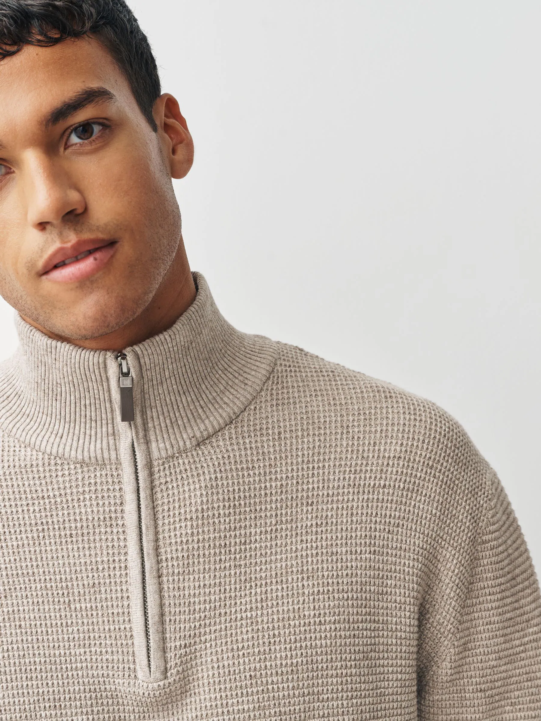 Neutraal - Effen - Regular Fit 100% Cotton Textured Premium Quarter Zip Jumper