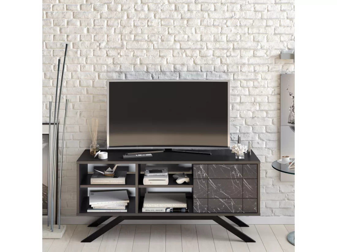 Meuble TV North 130 cm avec cabinet et étagès, pieds en métal (Noir et Effet marbre noir)