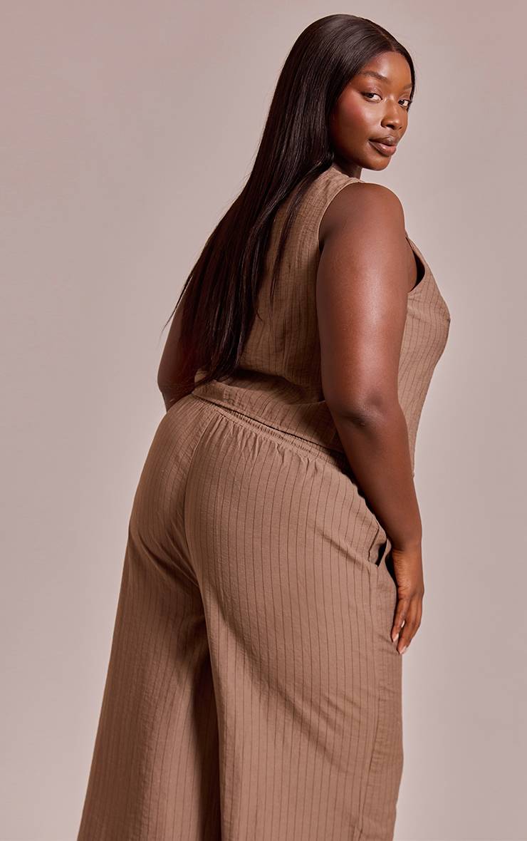Marron Ensemble Coordonné Grande Taille Haut Rayé À Nouer Devant