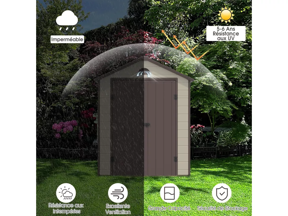 Abri de Jardin Extérieur 6.2 m³ avec Porte Verrouillable, Abri de Jardin PVC 3.1㎡ avec 2 Fenêtres, Toit en Pente, Cadre en Acier, Rampe pour Vélos, Outils, Cabane pour Jardin, Terrasse, Patio