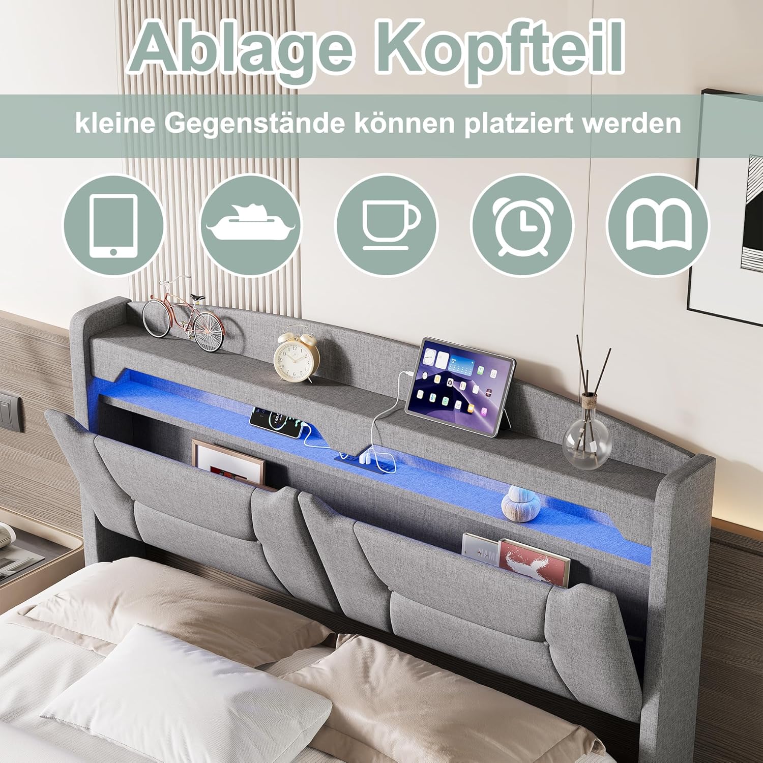Polsterbett Doppelbett 140x200, LED Jugendbett Hydraulisch Bett mit Stauraum, LED-Kopfteil mit USB Typ-C & Staufach, Boxspringbett Bettgestell mit Lattenrost, Linen, Hellgrau, Ohne Matratze