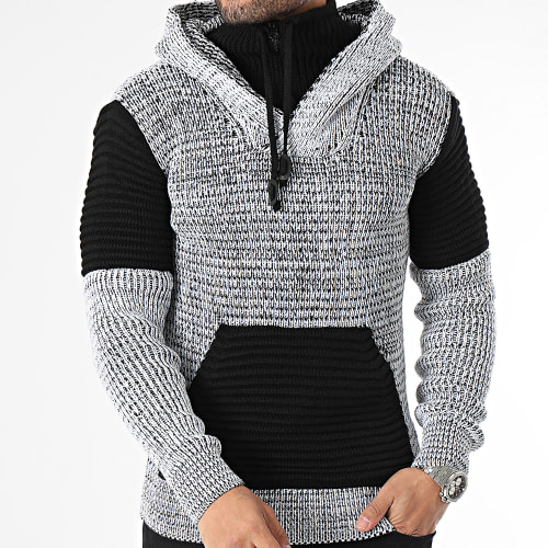 Pull A Capuche Gris Chiné Noir