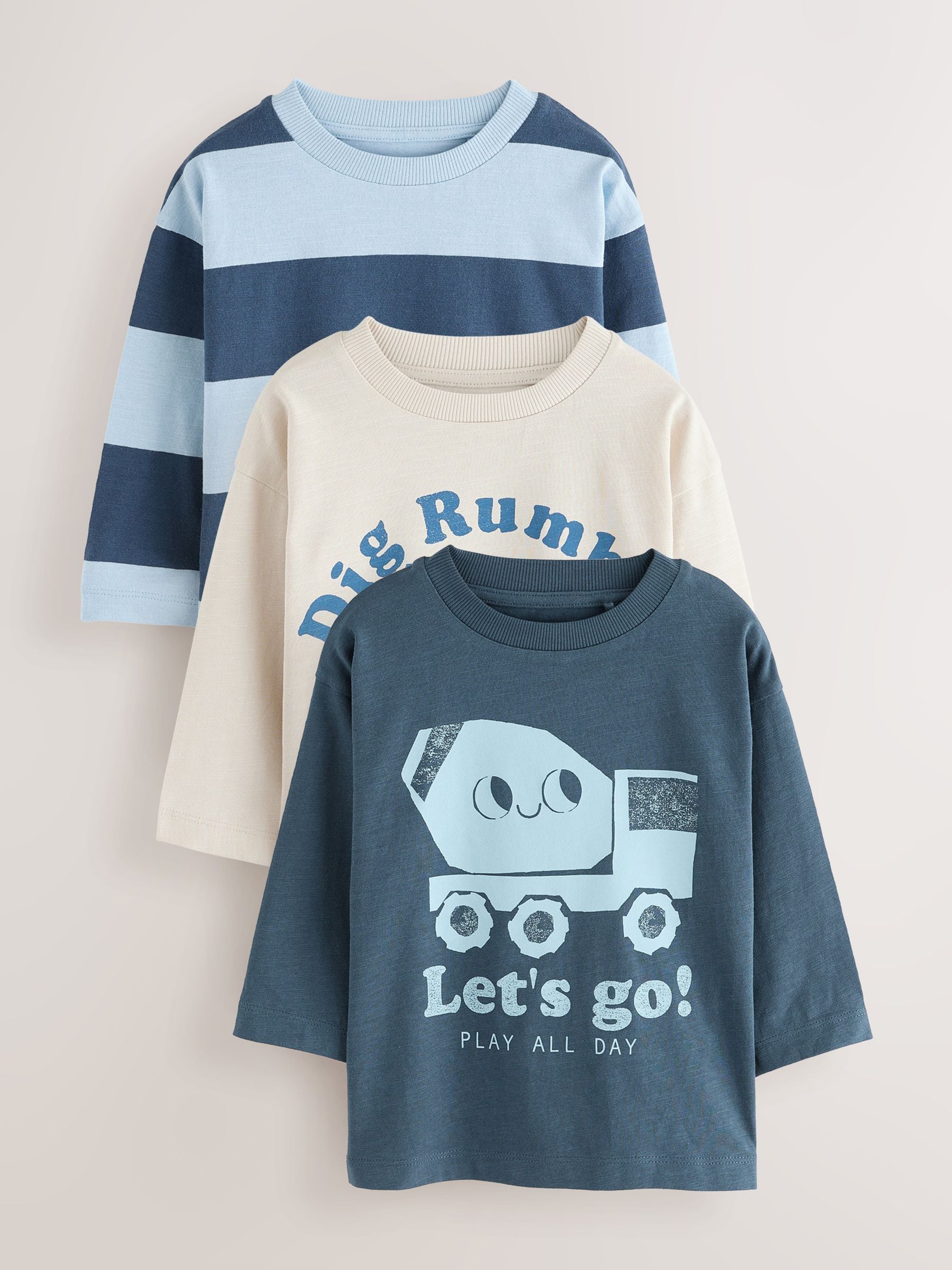 Blauw graafmachine - Set van 3 T-shirts met grafische print en lange mouwen (3mnd-7jr)