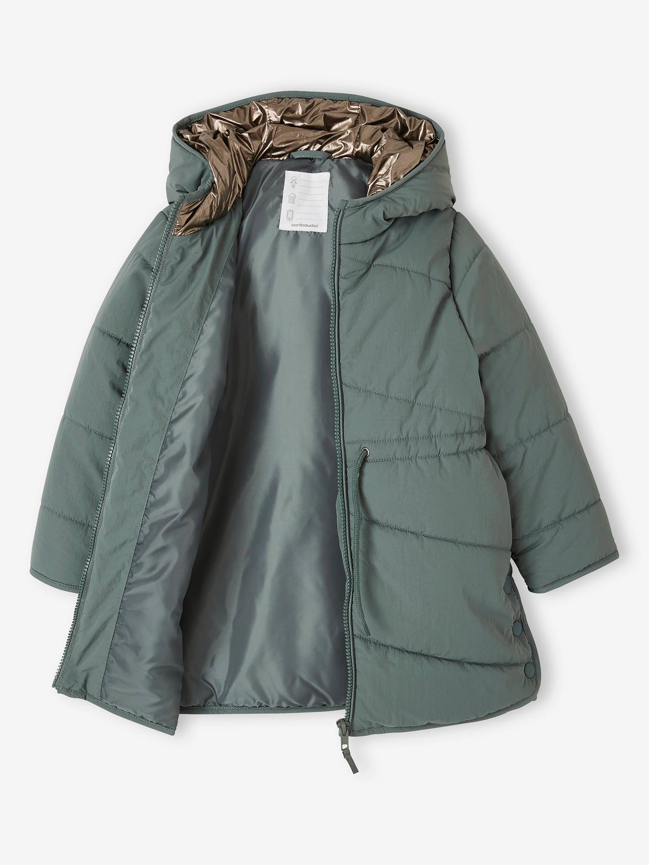 Jaqueta longa e leve acolchoada com capuz brilhante para meninas, verde
