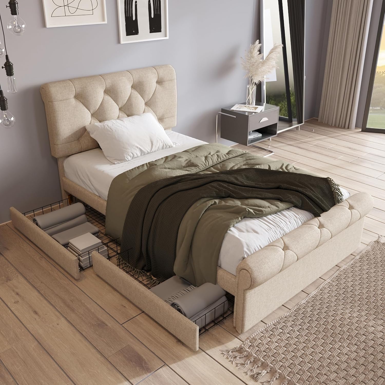Polsterbett Bett 90x200 Einzelbett mit Stauraum 2 Schubladen, Stauraumbett Bettgestell mit Lattenrost, Höhenverstellbar Kopfteil, Rückenlehne Jugendbett Flachbett, Leinen, Ohne Matratze, Natür AW6502246