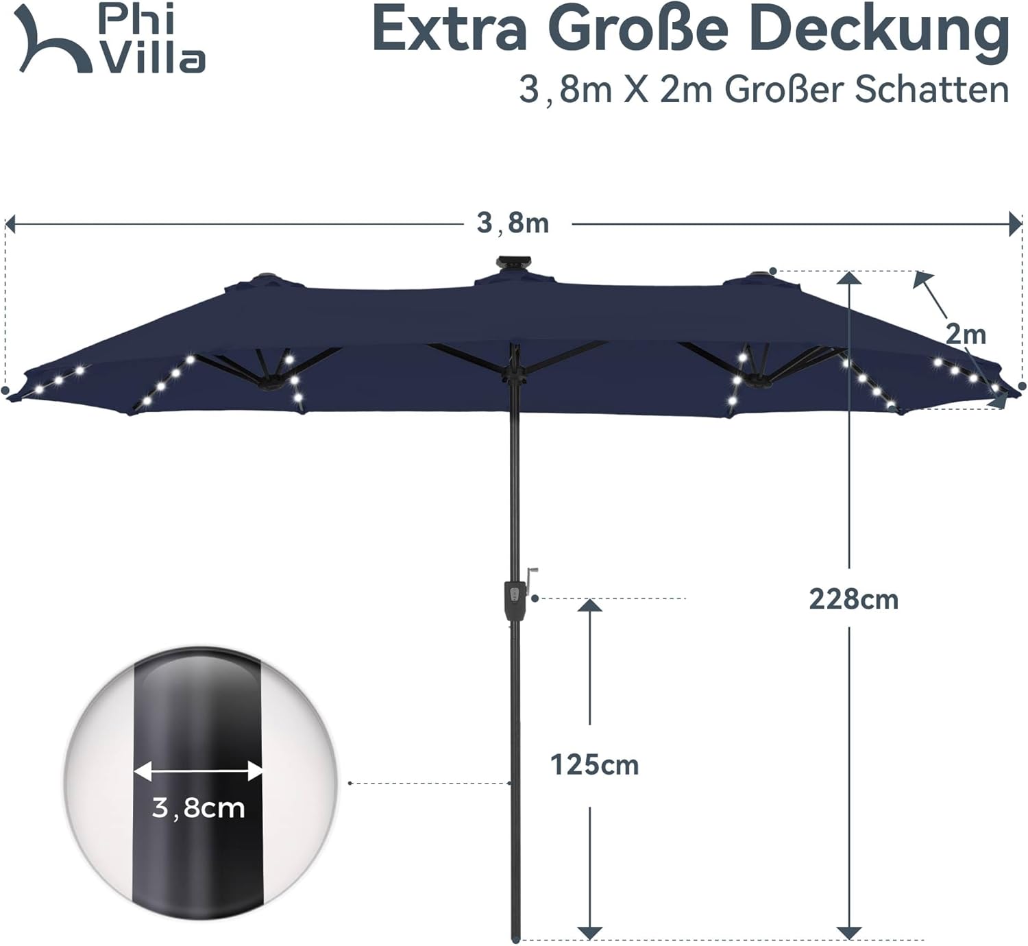 PHI VILLA Sonnenschirm Balkon Rechteckig Groß 380×200cm Balkonschirm Garten Gartenschirm mit LED Kurbel UV Schutz Parasol Windfest