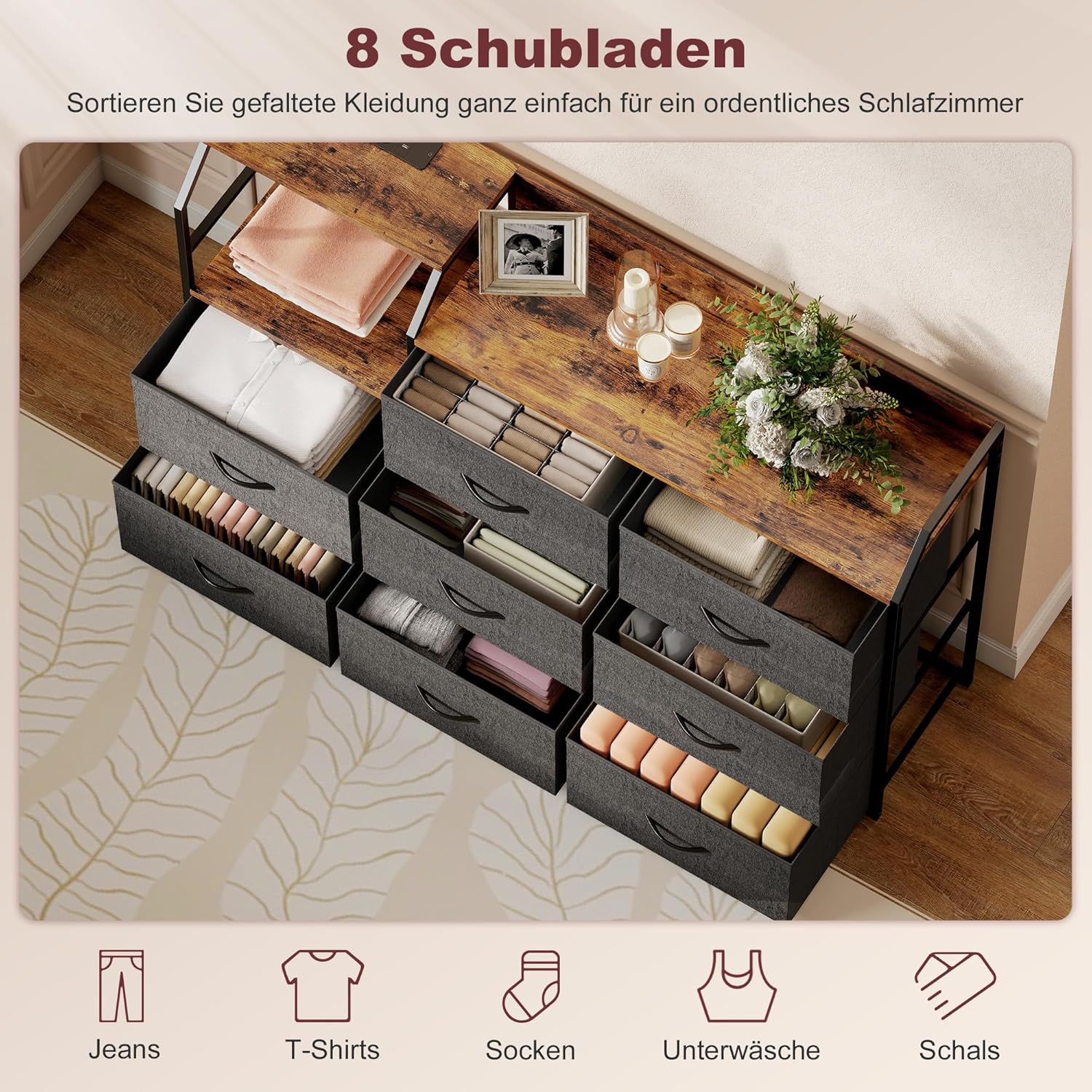 HOMCOM Kommode Schrank mit 8 Schubladen aus Vliesstoff Aufbewahrungsschrank mit Ladestation Haken Stahlrahmen Schubladenschrank für Schlafzimmer, Wohnzimmer, Rustikal-Braun+Schwarz