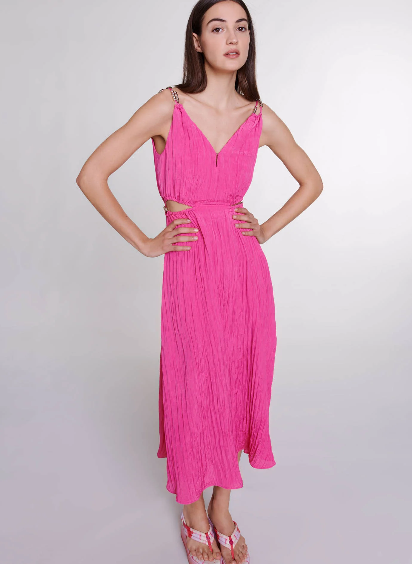 Robe longue droite encolure V | Rose