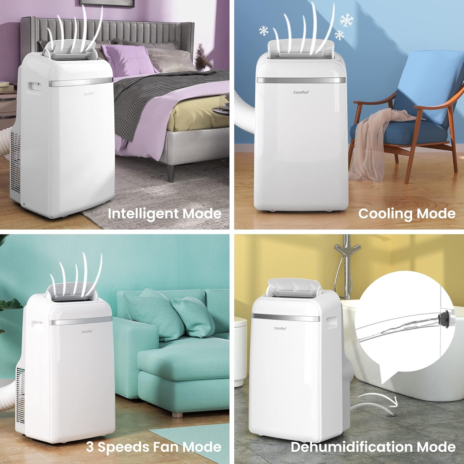 Comfee Mobiles Klimagerät Umweltfreundliches KältemittelPro, 3-in-1 Klimaanlage mit Abluftschlauch, Kühlen und Entfeuchten und Ventilieren, 10000 BTU, 2,9kW, für Räume ca. 80 m³(32 ㎡), EEK A+