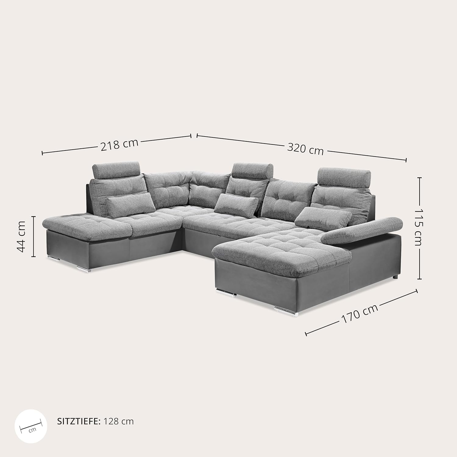 JAKARTA Wohnlandschaft in U-Form, Stoffbezug Schwarz / Lava - Ausziehbares Sofa mit Schlaffunktion & Bettkasten - 324 x 107 x 170 cm (B/H/T)
