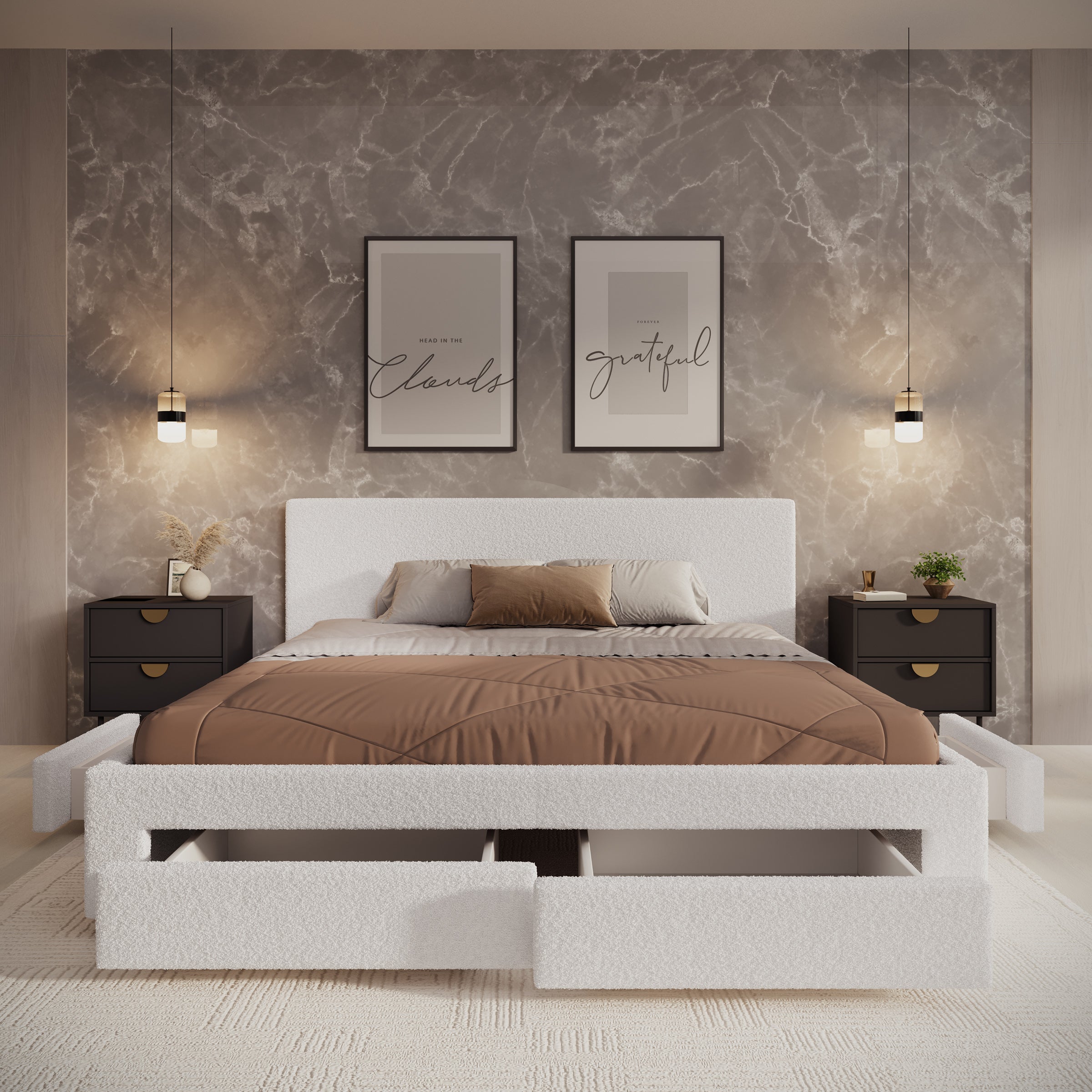 Suente - Tweepersoonsbed met 4 lades - Teddystof Wit - 180x200 cm