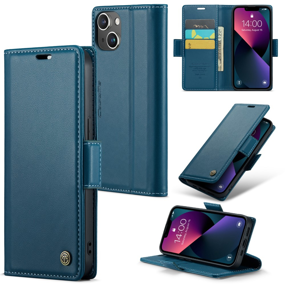 iPhone 15 Leder Tasche Flip Wallet Etui mit Kartenfächern Litchi Look (RFID Schutz) - Blaugrün