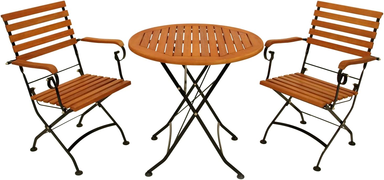 DEGAMO Garten Sitzgruppe Klappgarnitur HOFGARTEN 3-teilig (2X Armlehnensessel, 1x Tisch rund 75cm), Stahl schwarz pulverbeschichtet, Eukalyptus Holz braun geölt, FSC®-Zertifiziert, Outdoor