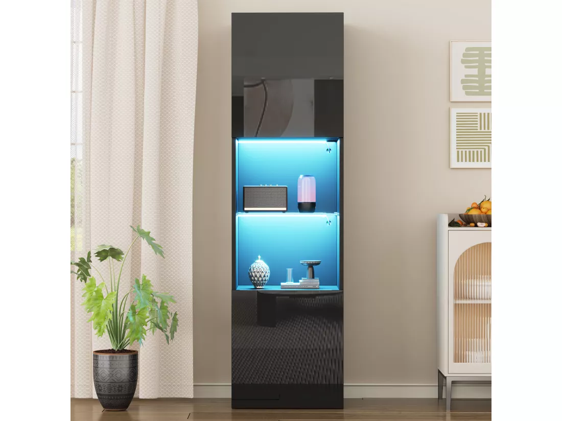 Vitrine avec 2 portes et 1 étagère en verre - 45 x 35 x 160 cm - LEDs - Panneaux de particules - Noire brillant