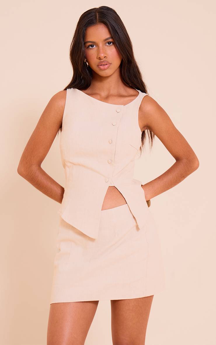 Naturel Gilet Asymétrique Boutonné Aspect Lin Premium Petite
