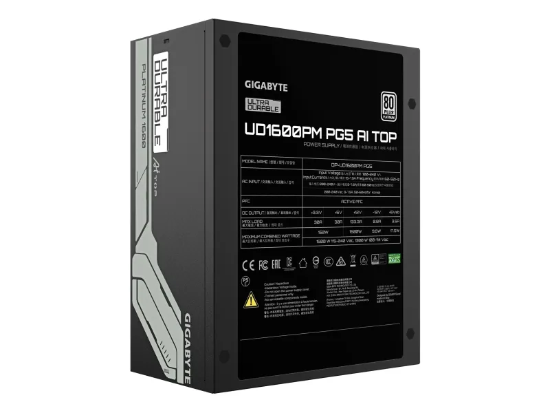 Gigabyte UD1600PM PG5 AI TOP - Strømforsyning (intern) - ATX12V 3.1/ EPS12V - 80 PLUS Platinum - AC 100-240 V - 1600 Watt - aktiv PFC