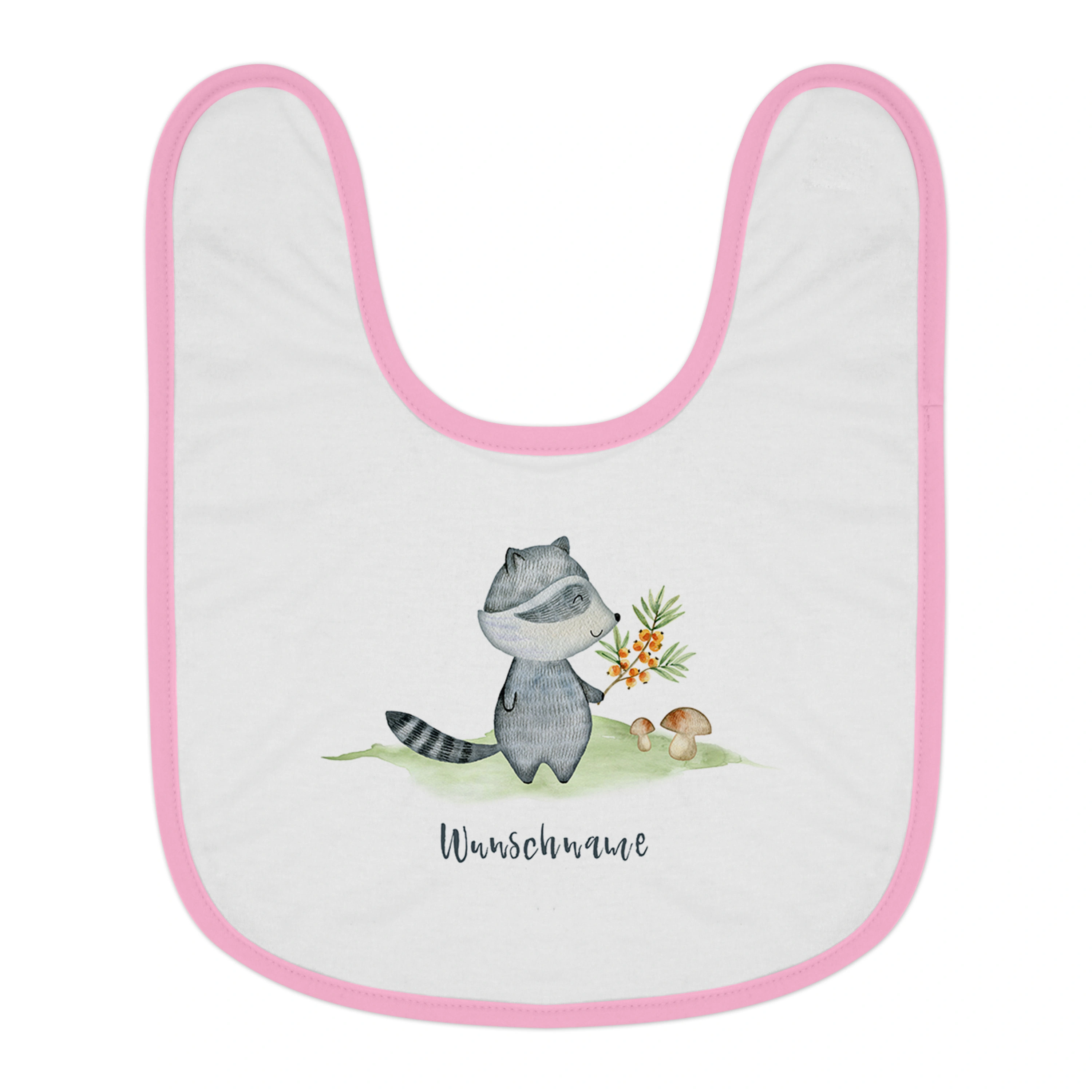 Baby-Lätzchen mit Namen, rosa (Motiv: Waschbär)