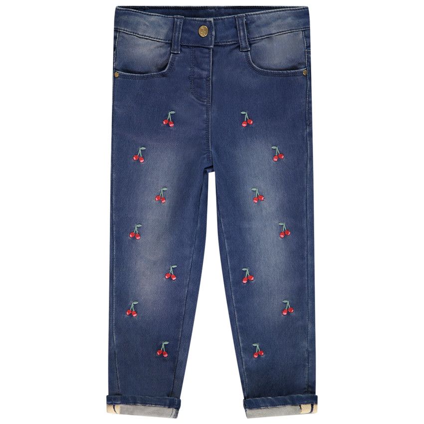 Jean slim en denim like avec broderies cerises pour bébé fille - Bleu