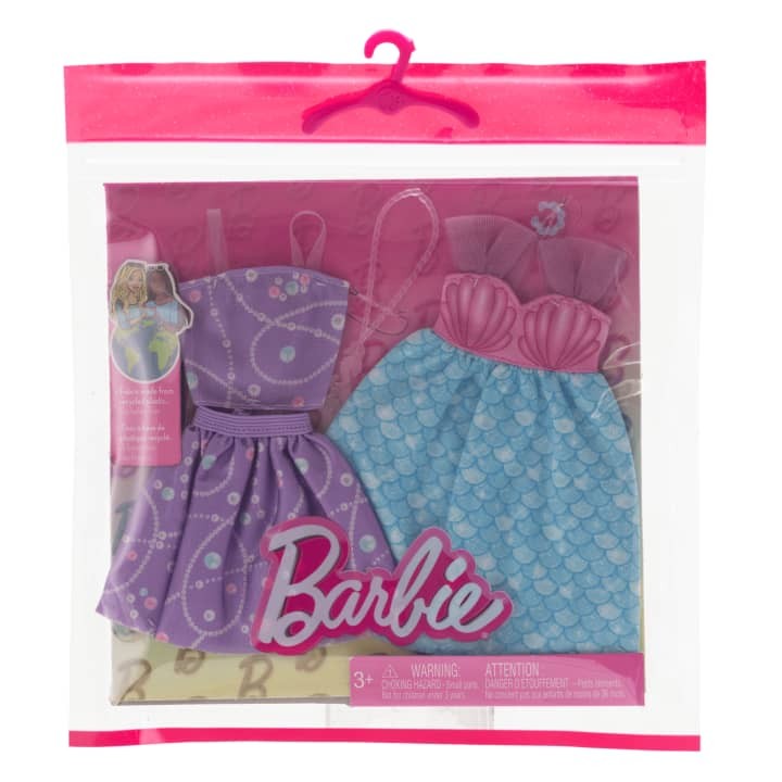 Barbie - Mode 2-pak - Havfruekjole, Lilla Top + Nederdel, Pink Søhestehalskæde og Blåt Armbånd