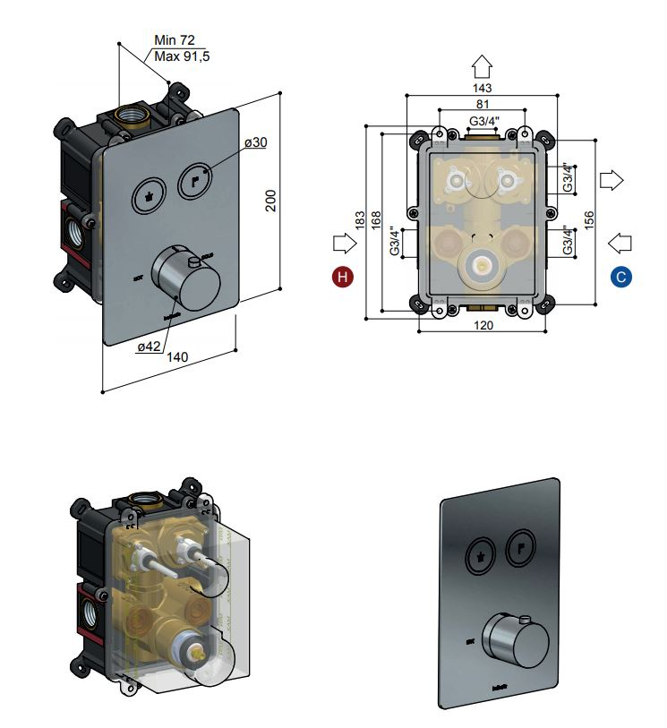 Hotbath Cobber Afbouwdeel thermostaat Rechthoek met 2 push buttons Geborsteld Koper PVD PB009Q