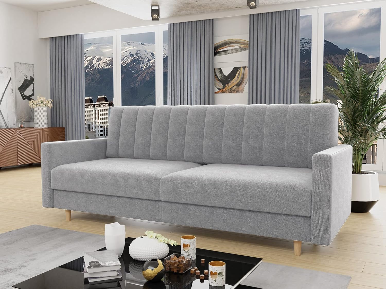 Schlafsofa Sara - Sofa mit Schlaffunktion und Bettkasten, Bettsofa mit Wellenfeder, Schlafcouch mit Holzfüße, Couch vom Hersteller, Couchgarnitur, Velours (Grau (Paros 05))