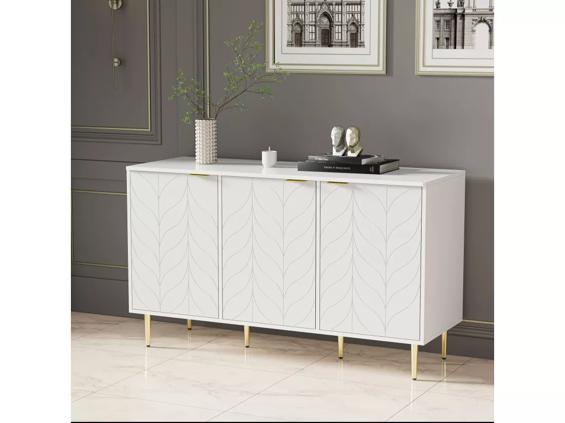 Buffet moderne avec pieds et poignées dorés, coins arrondis, 127l*45p*75h, blanc