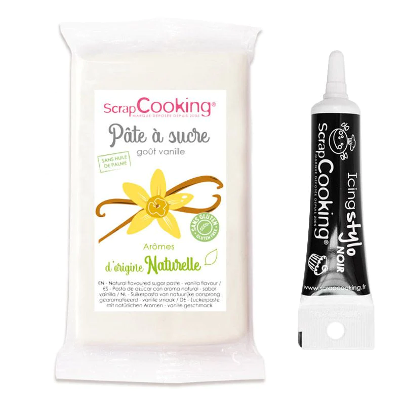 Pâte à sucre blanche d'origine naturelle vanille 250 g + Stylo glaçage