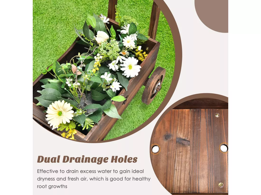 Brouette à Fleurs Jardinière en Bois de Sapin Carbonisé à Roues, Jardinière de Jardin avec Poignée et Trou de Drainage Charge 20KG, pour Patio Jardin Cour, 68 x 38,5 x 53,5 cm