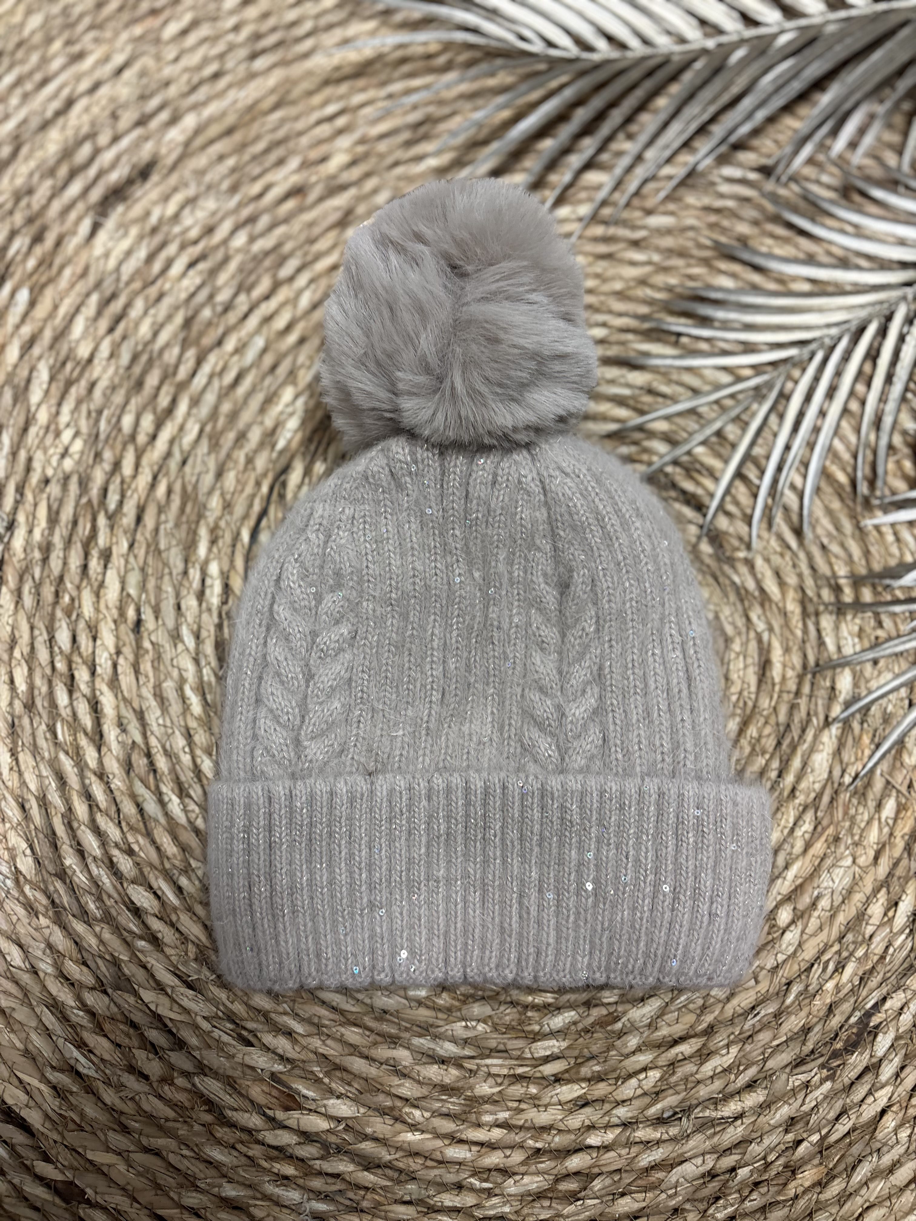 Glitter Muts Met Pom Taupe