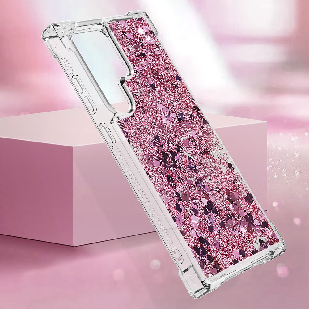 Samsung Galaxy S24 Ultra Hardcase Hülle mit Air Cushion Fallschutz Liquid Case Glitzer Herzen - Pink / Transparent