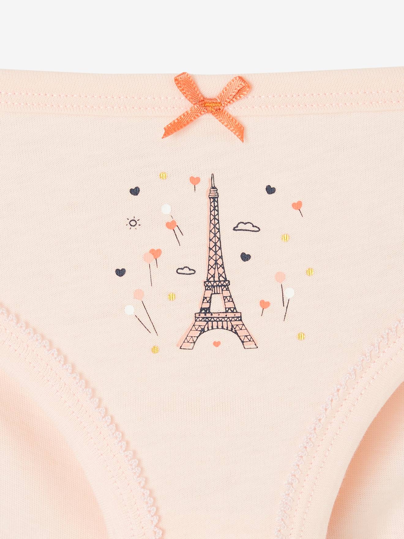 Pacote com 5 calcinhas fantasia para meninas, brancas lisas com estampas.