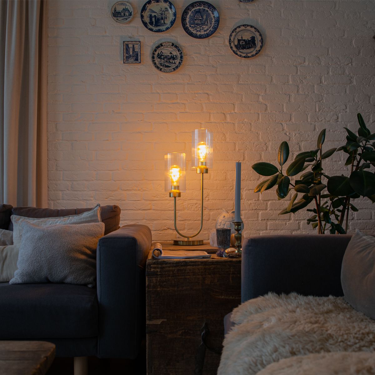 Art Deco tafellamp goud met glas 2-lichts - Laura