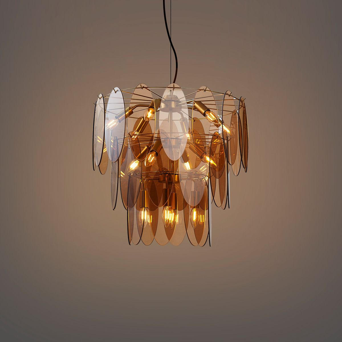 Art Deco hanglamp goud met amber glas ovaal 14-lichts - Mochan