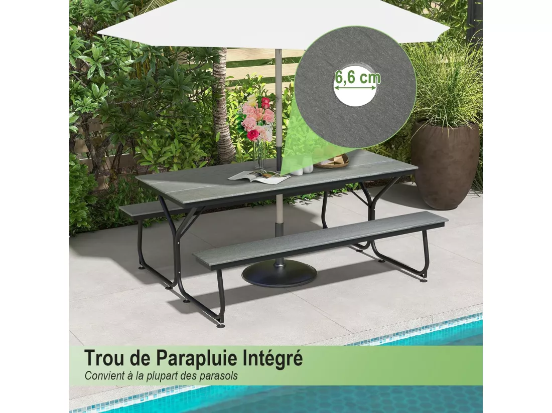 Ensemble Table et Bancs de Pique-Nique avec Cadre Métal, Ensemble de Jardin Imperméable pour 8 Personnes Banc Charge 500KG, pour Jardin Piscine, 183 x 150 x 76 cm (Gris)