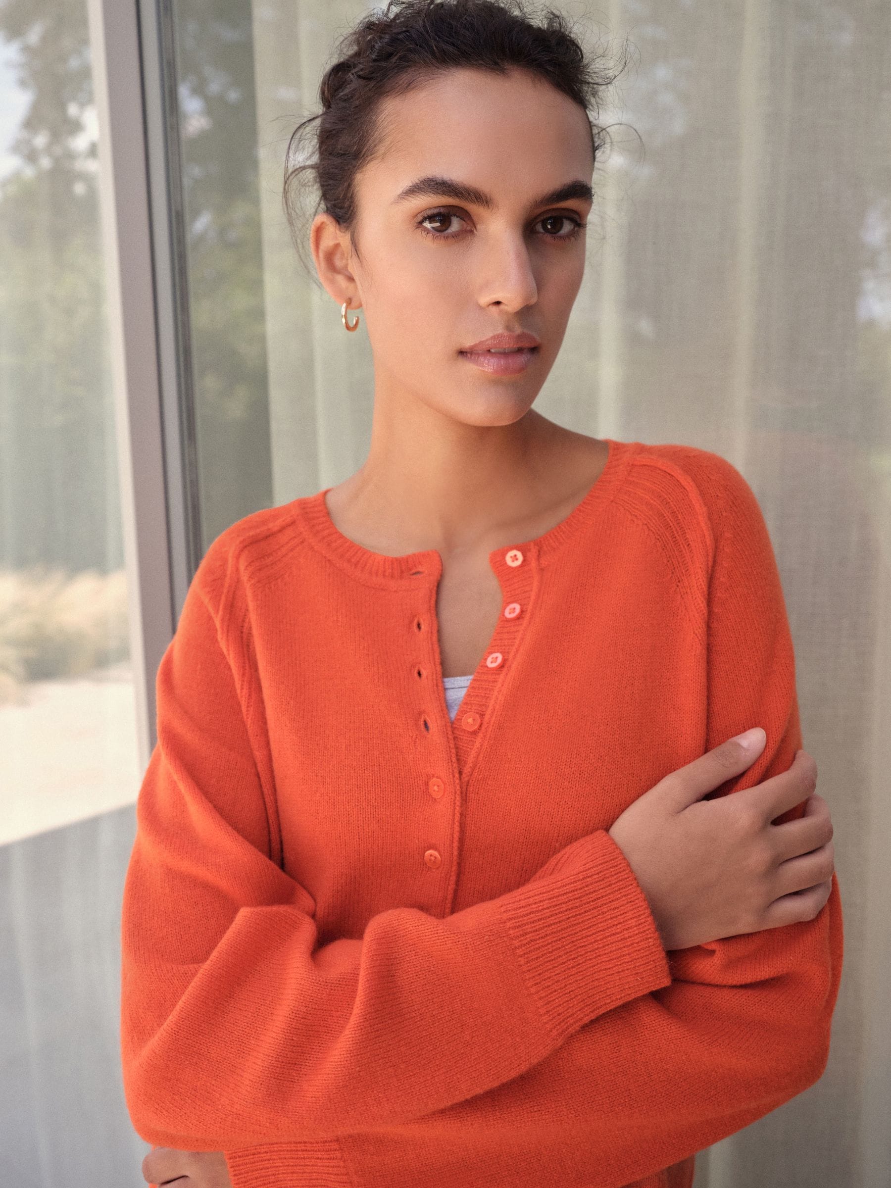 Oranje - 100% Lamswol N.Premium Henley Trui met Ronde Hals