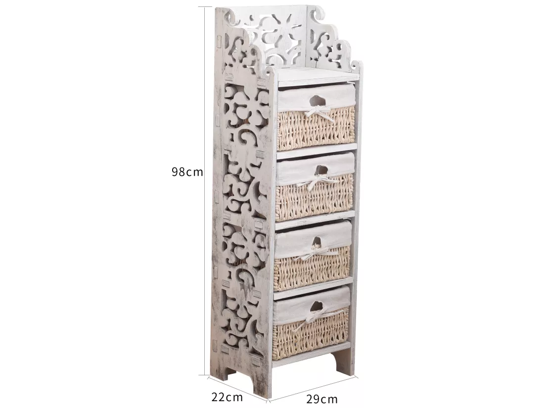 Commode Table De Chevet 4 Tiroirs Bois Osier Blanc 98x29x22