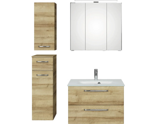 Pelipal Kumba badkamermeubelset (B x H x D): 107 x 200 x 50 cm, frontkleur: Riviera eiken, 5-delige set inclusief witte glazen wastafel, badmeubel en wandkast (99.770326471)