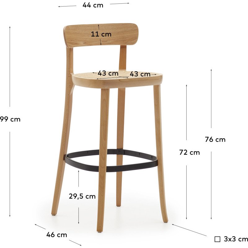 Tabouret Romane bois massif de hêtre naturel avec placage de frêne et rotin H.75 cm