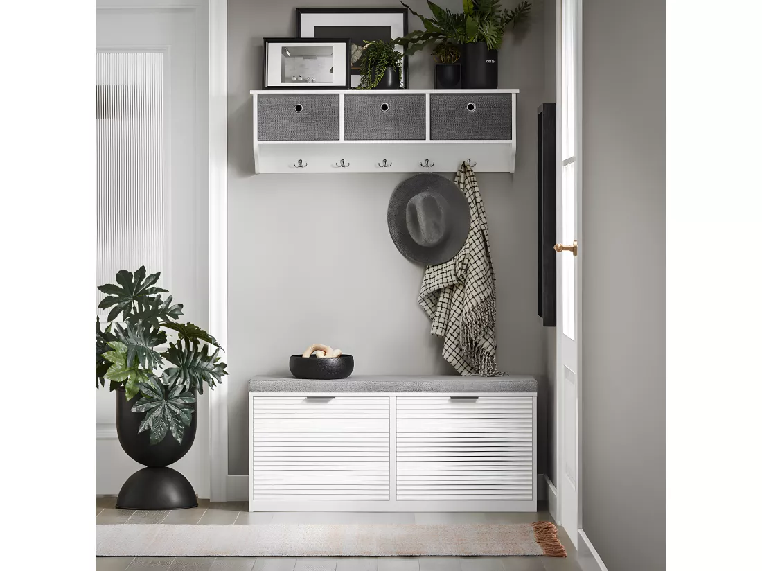 SoBuy Banc à Chaussures Banc d’Entrée Banc de Couloir Armoire à Chaussures avec 2 Abattants Meuble de Rangement pour Entrée avec Coussin Rembourré, 105 x 35 x 48 cm, Blanc, FSR147-W