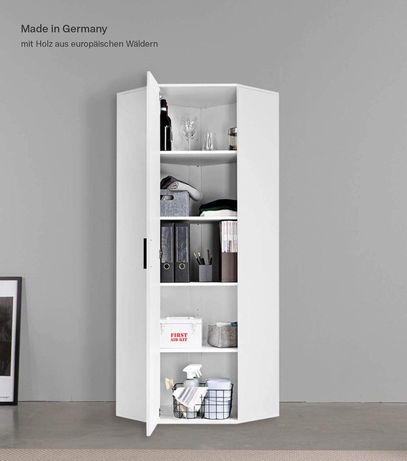 mokebo Eckschrank Mehrzweckschrank 'Der Lange' (64x180 cm) aus Holz, Aktenschrank für Flur oder Büro, auch als Allzweckschrank, Vorratsschrank oder Haushaltsschrank in Weiß